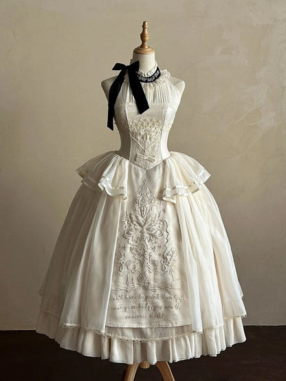 Creamy Delicate Embroidery Detail Classic Lolita Backless Halter Neck Dress