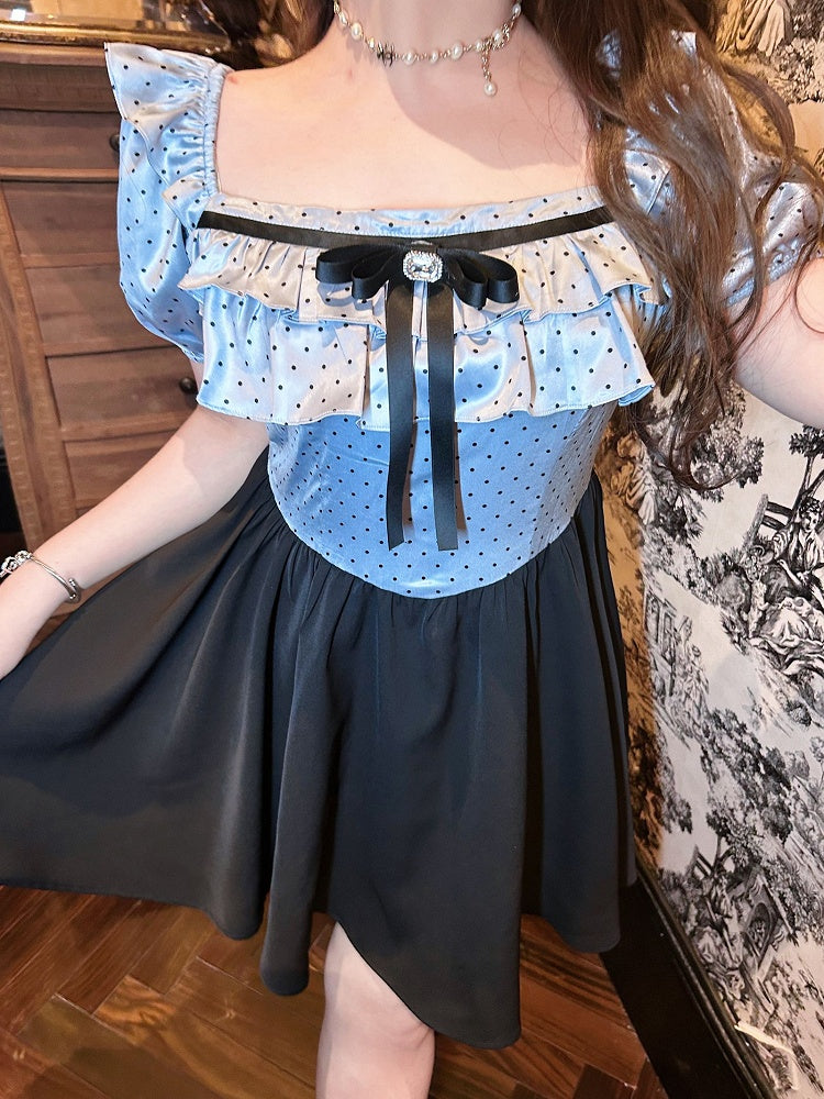 Plus Size Polka-dot Top Blue and Black Sweet Puff Sleeves Dress