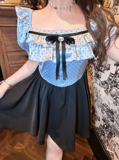 Plus Size Polka-dot Top Blue and Black Sweet Puff Sleeves Dress