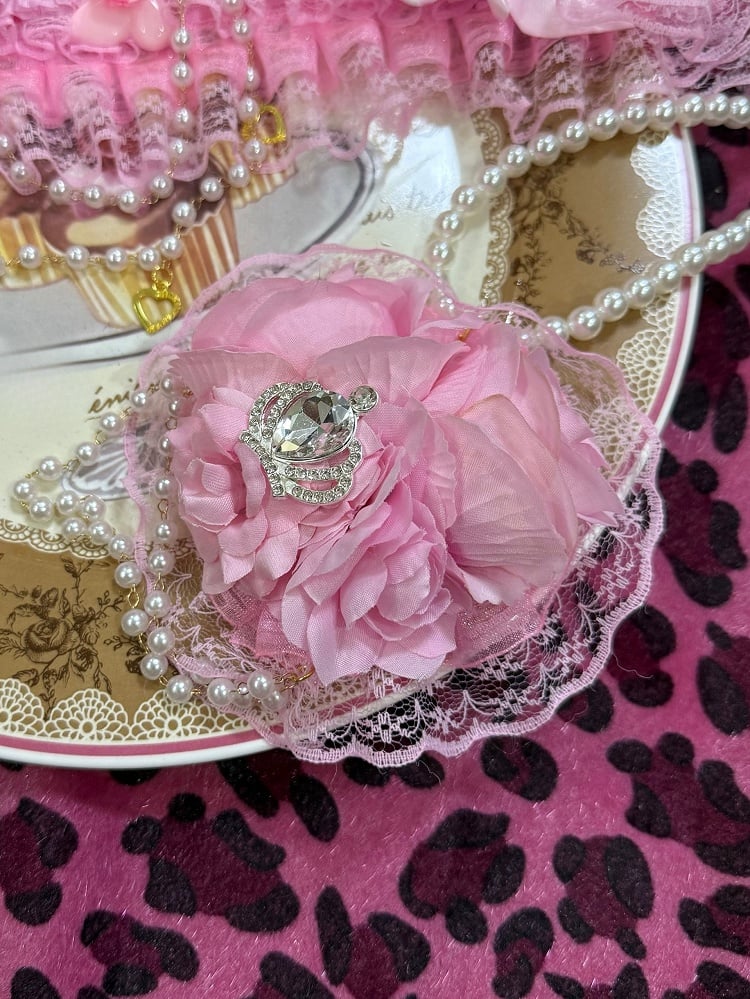 Pink Rhinestone Crown Decorated Floral Pendant Beaded Necklace