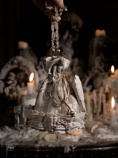 Lace and Bow Accents Vintage Drawstring Top Hand Bag with Heart Pin