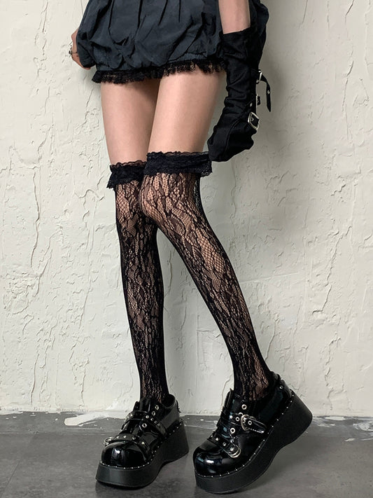 Black Gyaru Fashion Hollow-out Design Ruffled Cuff Overknee Stockings