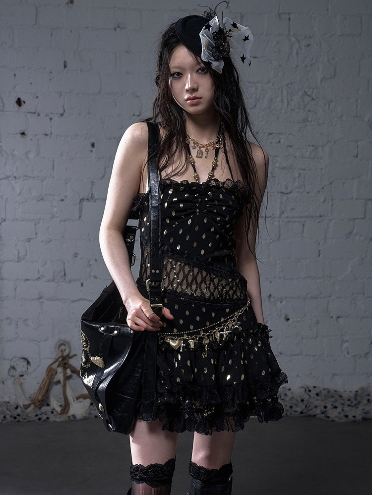 Beige/Black Halter Neck Lace Patches Waist Polka-dot Vintage Strapless Dress