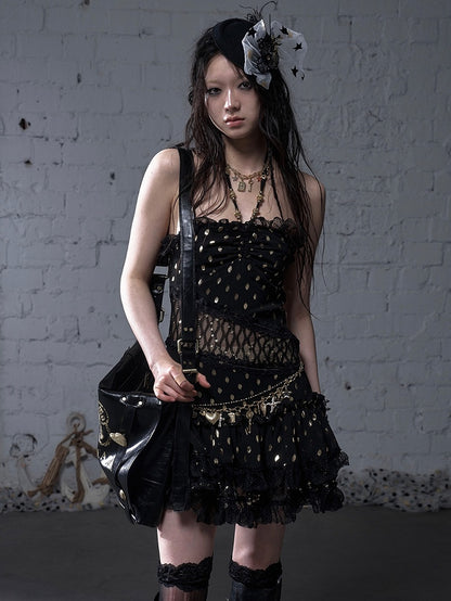 Beige/Black Halter Neck Lace Patches Waist Polka-dot Vintage Strapless Dress