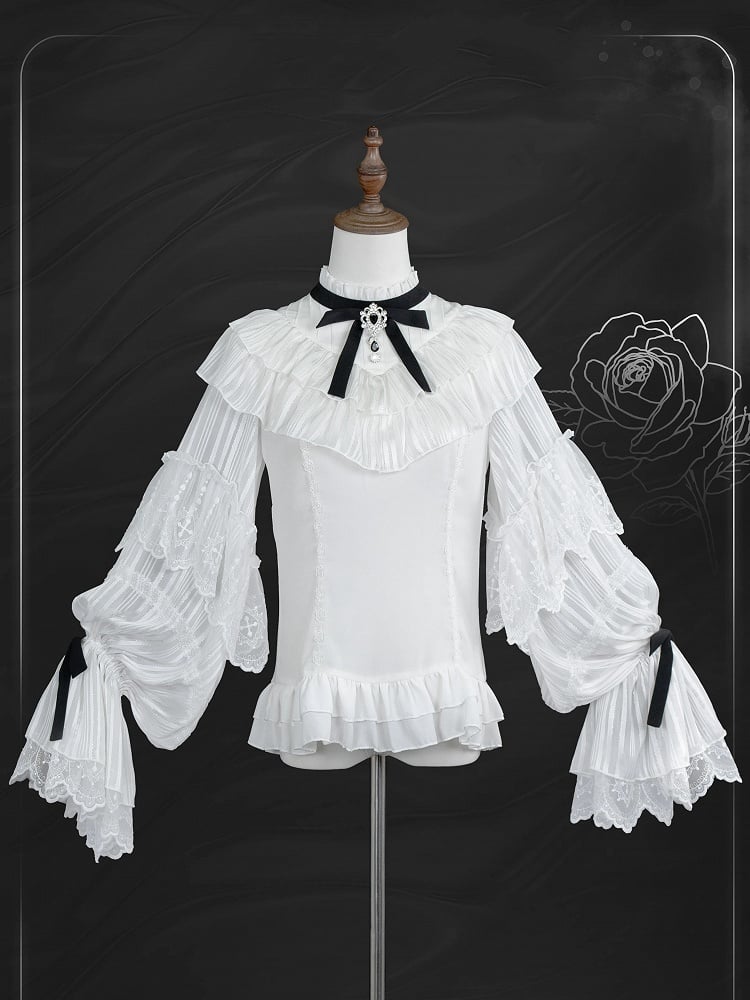 White Elegant Edward Neck Long Sleeves Blouse