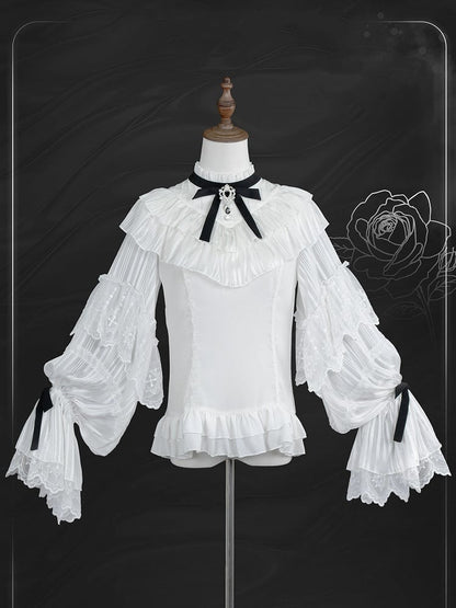 White Elegant Edward Neck Long Sleeves Blouse
