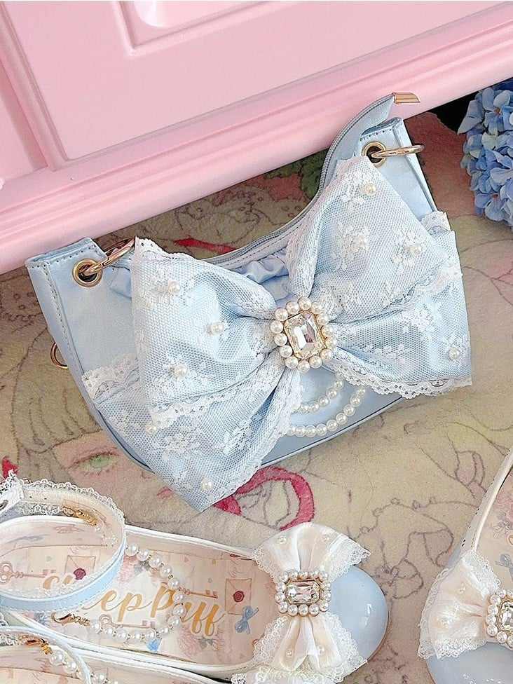 Blue Sweet Lolita Underarm Bag in Satin with Dazzling Bead and Crystal Bow