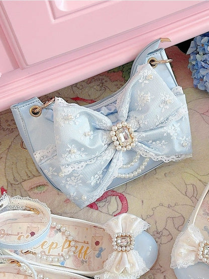 Blue Sweet Lolita Underarm Bag in Satin with Dazzling Bead and Crystal Bow