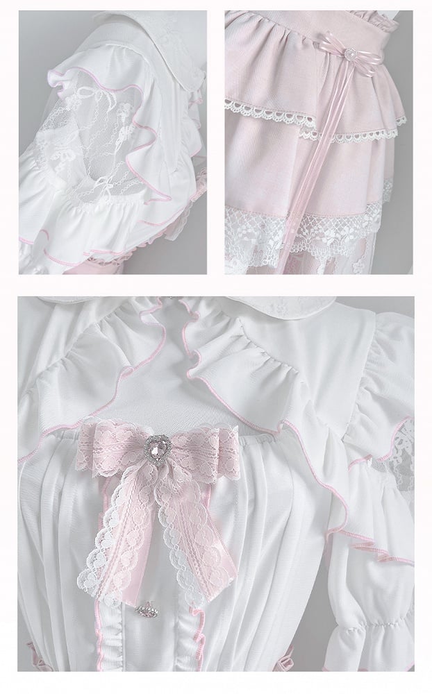 White Peter Pan Collar Cutout Shoulder Blouse+ Pink Tiered Skirt+ Bowknot Jirai Kei Set