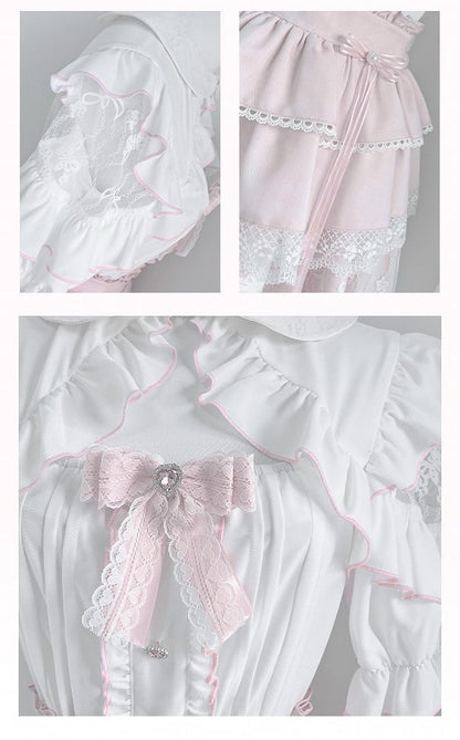 White Peter Pan Collar Cutout Shoulder Blouse+ Pink Tiered Skirt+ Bowknot Jirai Kei Set