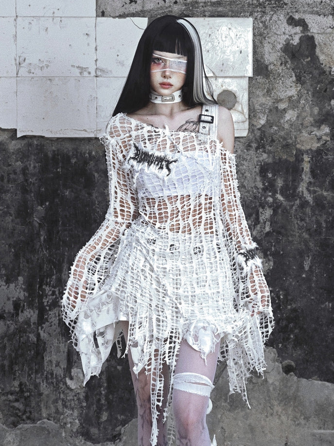 White Bell Sleeves Irregular Distressed Hallow Out Top