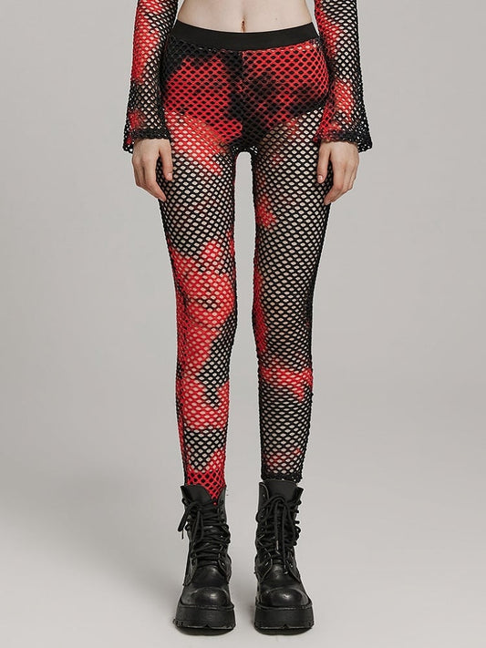 Black and Red Punk Tie-dyed Mesh Leggings