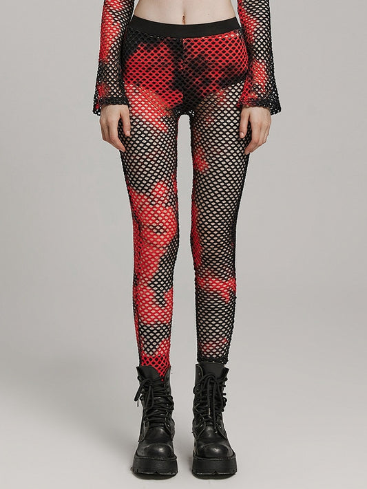 Black and Red Punk Tie-dyed Mesh Leggings