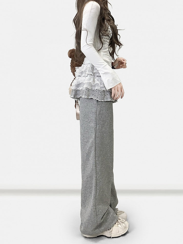 Gray Y2K Bittersweet Wide-leg Cut Pants + Polka-dot Pattern Lace Trim Tiered Skirt