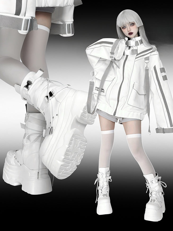 Matte White Punk Stud Bandage Design Lace-up Details Platform Boots
