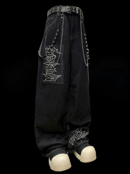 Dark Blue Letter Applique Straight-leg Cut Jeans