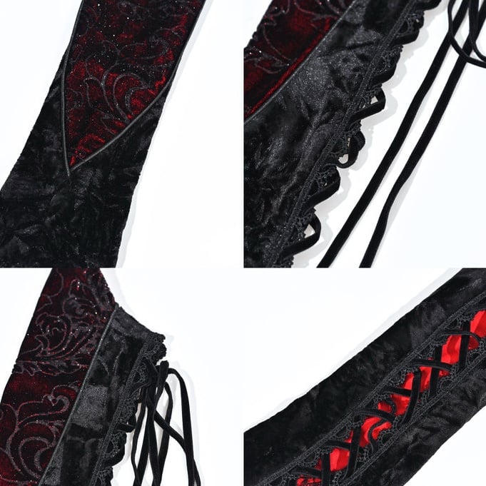 Black&Red Gothic Lace-up Detail Rosette Velvet Sleeves