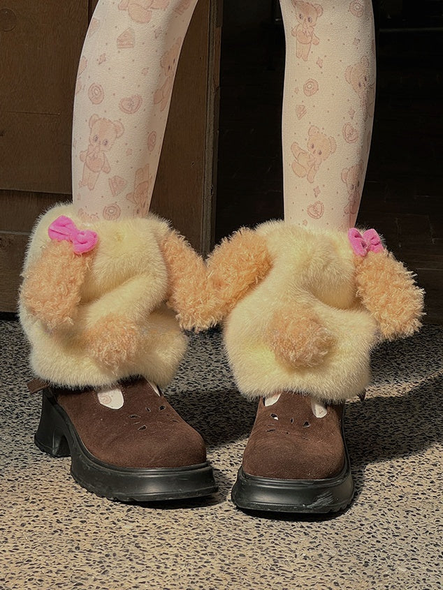 Creamy Yellow Sweet Puppy Bowknot Plush Leg Warmers