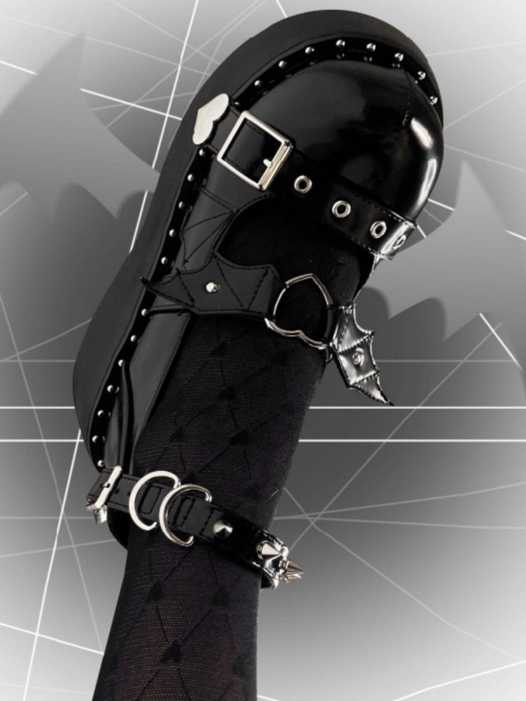 Devil Wings Design Black Stud Detail Buckle Ankle Strap Platform Mary Janes