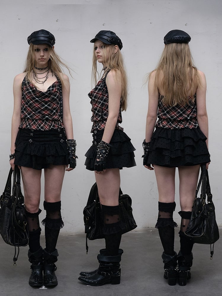Black&Red Wasteland Punk Glamorous Cowl Neckline Ruffles Trim Plaid Pattern Halter Neck Top