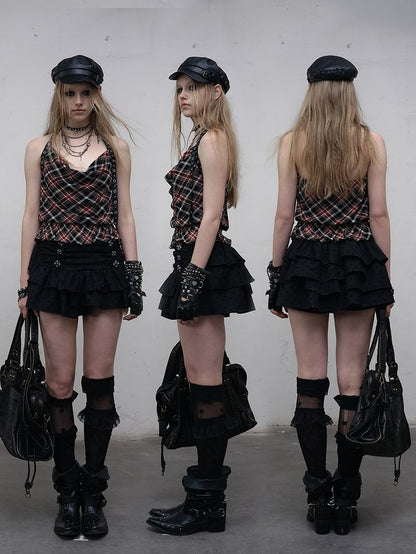 Black&Red Wasteland Punk Glamorous Cowl Neckline Ruffles Trim Plaid Pattern Halter Neck Top