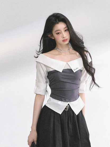 Off-the-shoulder Neckline Foldover Collar Gray/Navy Blue Striped Shirt