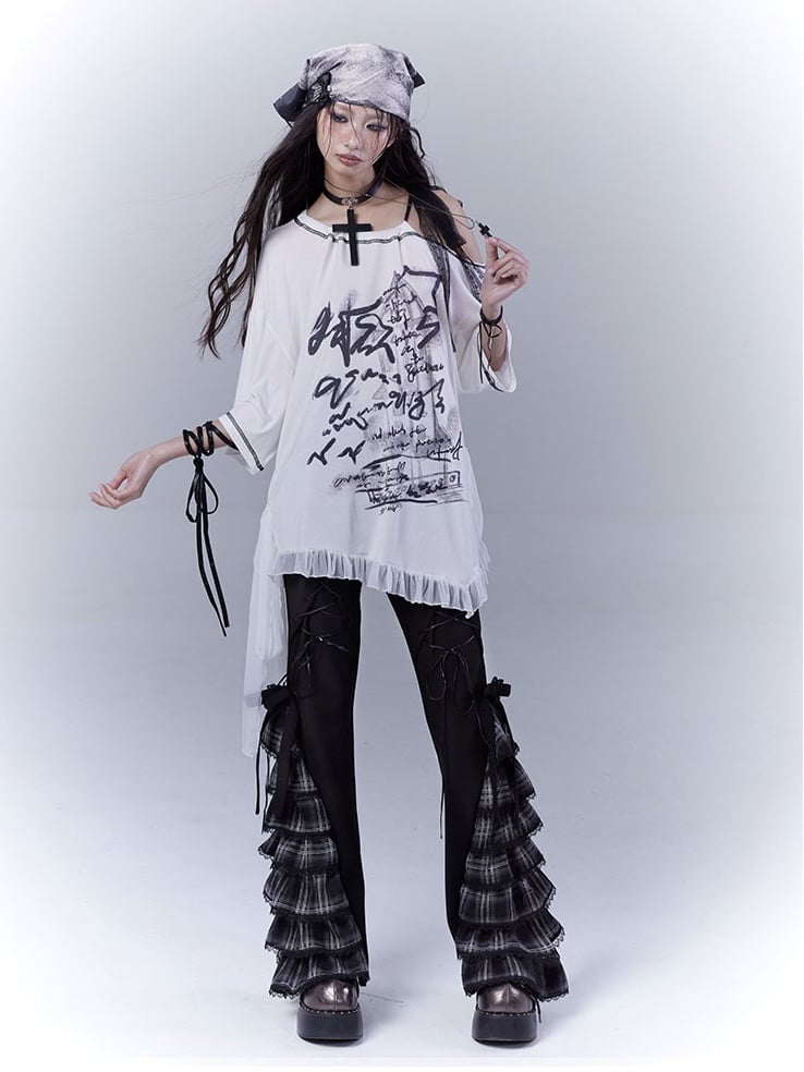 Black Lace-up Front Tiered Plaid Cuffs Slim-fitting Pants