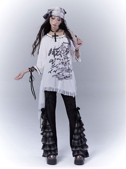 Black Lace-up Front Tiered Plaid Cuffs Slim-fitting Pants