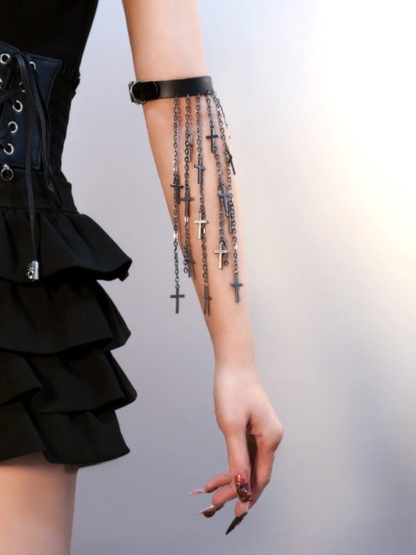 Black/Silver/Brown Cyberpunk Cross Charm Tassel Design Arm Cuff