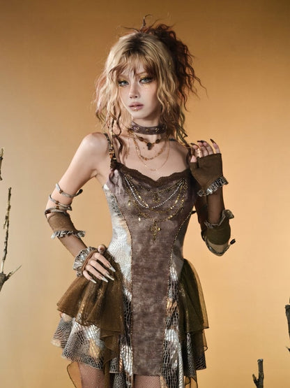 Brown Wasteland Punk Snakeskin Pattern Ruffles Trim Gloves
