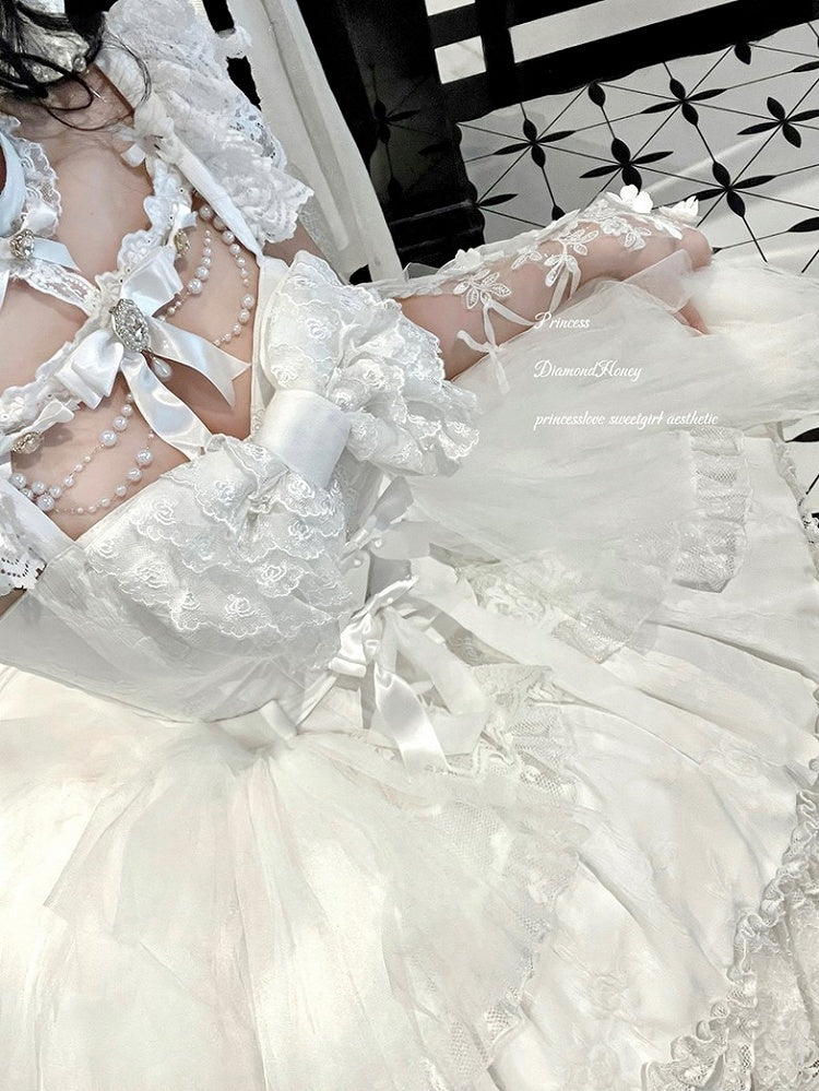 Beads and Rhinestones Neckline Design White Shiro Lolita Dress with Lace Trim and Bow Accents