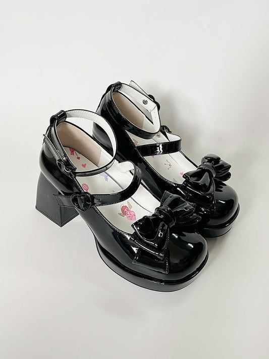 Heart Buckle Straps Bow Clips Black Sweet Lolita Shoes High Block Heel