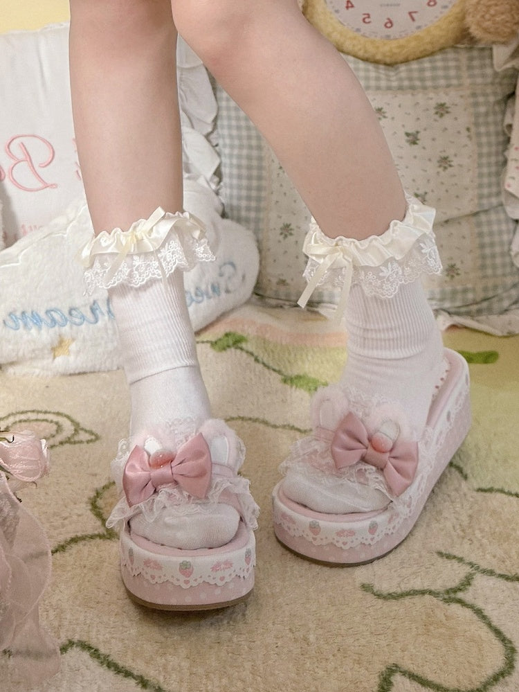 Pink Sweet Lolita Bow Accents Lace Trim Plush Bunny Ear Platform Slippers