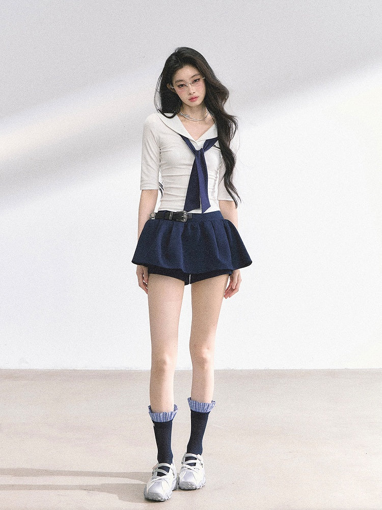 White Preppy Style Sailor Collar Slim-fitting T-shirt with Necktie Design