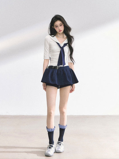 White Preppy Style Sailor Collar Slim-fitting T-shirt with Necktie Design