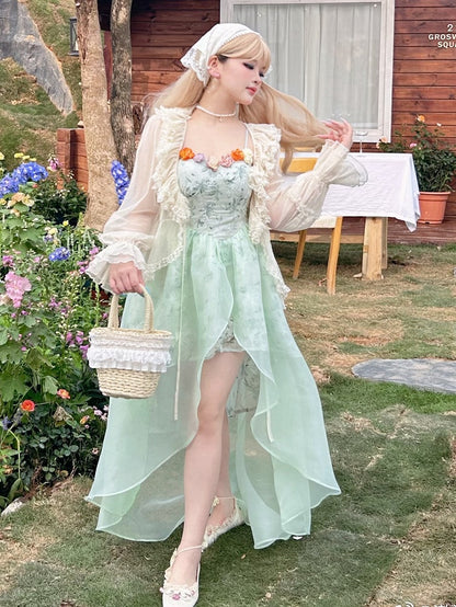 Plus Size Basque Waist Green Summer Floral Dress High-low Skirt