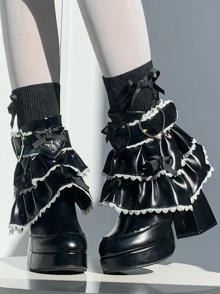 Bow Accents, Stretchy Sock Top Design & Detachable Tiered Ruffles PU Black High Block Heel Boots in Sweet Lolita