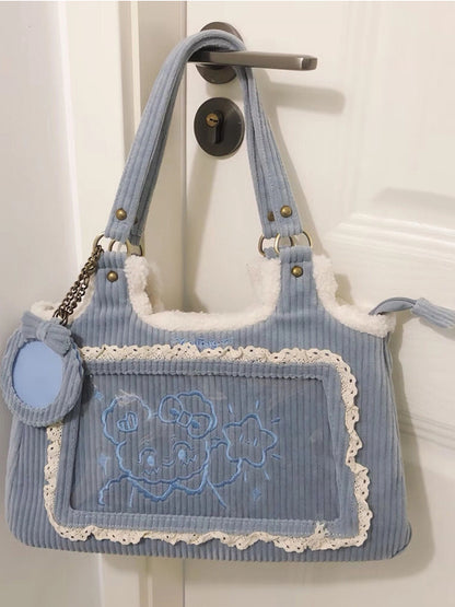 Corduroy Lace Trim Blue Daily Ita bag - Comes with Card Holder Charm