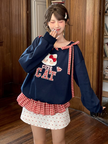 Red Plaid Self-tie Straps at Asymmetrical Neckline Kitty Embroidery Applique Navy Blue Sweatshirt