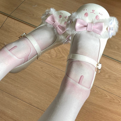 White&Pink Bowknot Details Plush Bunny Ear Sweet Lolita Round Toe Shoes With Bunny Buckle Strap