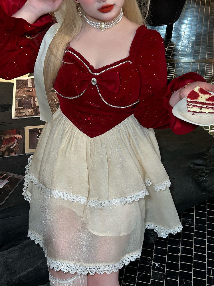 Plus Size Bowknot Details Red and White Basque Waist Sweet Dress