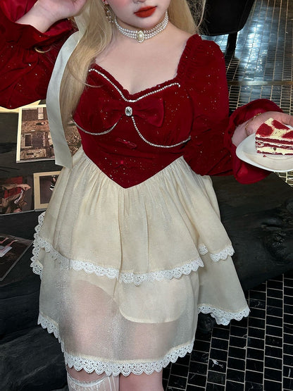 Plus Size Bowknot Details Red and White Basque Waist Sweet Dress