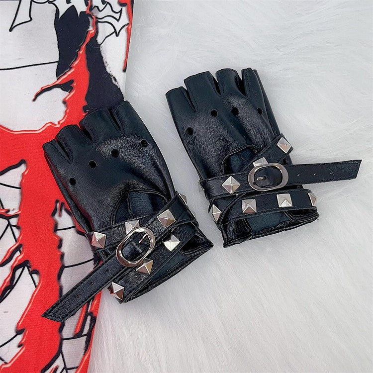 Punk Studs Crisscross Straps PU Half Finger Gloves 5 Color Options