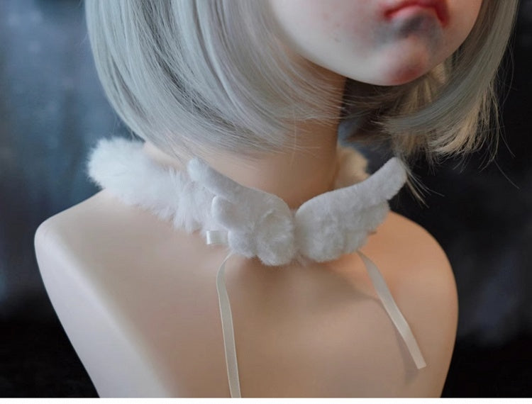 White Angel Wing Bow Plush Choker