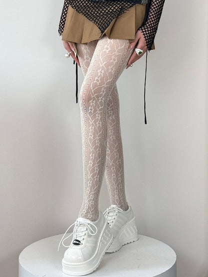 Black/White/Gray/Brown/Blue Hollow-out Design Floral Pattern Tights