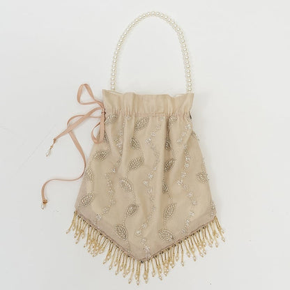 Beaded Leaves Design Tassel Hem Beige Handbag