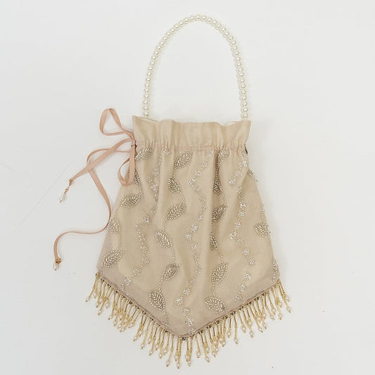 Beaded Leaves Design Tassel Hem Beige Handbag