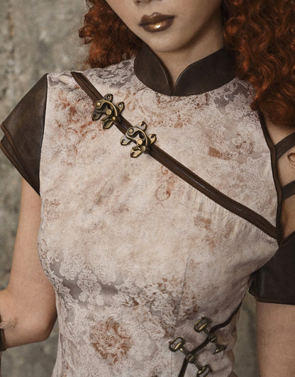 Steampunk Inspired Asymmetrical Sleeves Dragon Embroidery Qipao