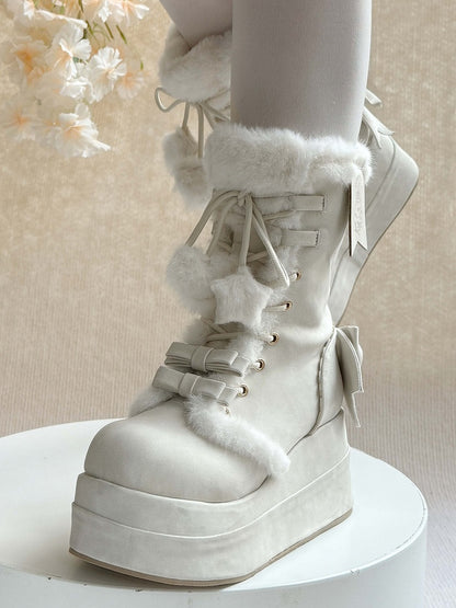 Platform Sweet White Winter Boots for Lolita - Fleece Lining with Heart And Star Pompon Charm Shoelaces & Bow Decor