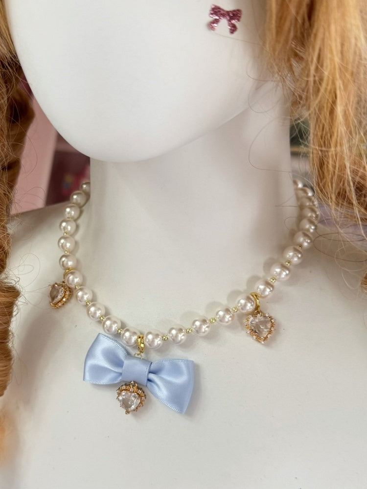 Blue/Gray Rhinestone Heart And Bowknot Pendant Beaded Necklace